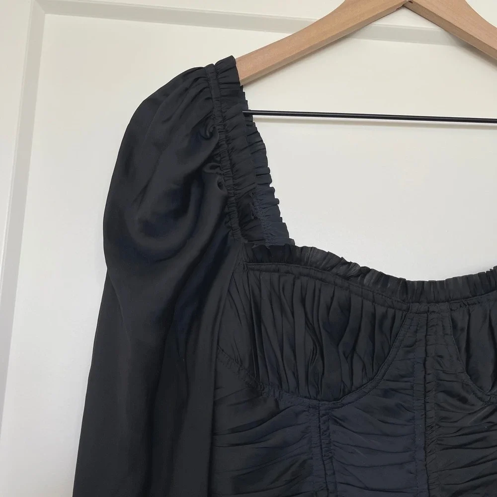 Ulla Johnson Mia Blouse Sz 0 Black Plisse Satin Bustier Puff Sleeve Pleated Sexy